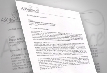 Con esta carta el presidente de Asogasucre, Gabriel de la Ossa, hace un llamado al Ministerio de Agricultura para que sea Fedegán quien siga en la administración del FNG. Foto: CONtexto Ganadero. Carta Asogasucre