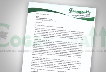 A través de esta carta, Cogancevalle destaca la labor de Fedegán al frente de la administración del Fondo Nacional del Ganado y le manifiesta su apoyo para seguir liderando esta tarea. Foto: CONtexto Ganadero. Carta Cogancevalle al Ministerio de Agricultura