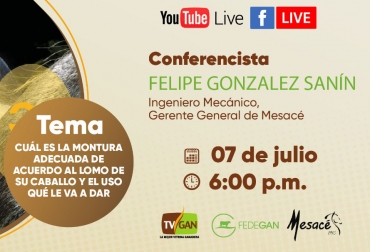 Participe en la conferencia, resuelva sus dudas y adquiera el producto ideal para su ejemplar. Foto: Cortesía. Ganadería, ganadería colombia, noticias ganaderas, noticias ganaderas colombia, CONtexto ganadero, Historia de Mesacé, Mesacé 110 años, Historia Mesacé Colombia, sillas de montar Colombia, Sillas TVGAN, Promoción TVGAN junio 2020, silla pantanera Mesace TVGAN, silla pantanera Mesace, silla pantanera Mesace electromecánica, tvgan promociones, equipos ganaderos promociones, sillas para ganadería,