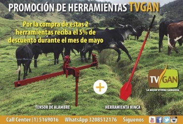 Como todos los meses, la mejor vitrina ganadera de Colombia trae una exclusiva oferta para todos los ganaderos interesados. Foto: TVGAN Promo mayo TVGAN 2019, promo tvgan tensor alambre, herramienta hinca, promoción TVGAN tensor alambre, promoción TVGAN herramienta hinca, tvgan promociones, equipos ganaderos promociones, Promociones TVGAN mayo 2019, productos ganado promoción, productos finca promoción, promoción TVGAN mayo 2019, productos finca promoción mayo 2019, CONtexto ganadero, ganaderos colombia, noticias ganaderas colombia