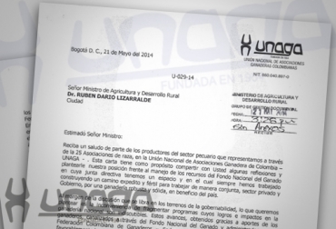 La misiva de apoyo de Unaga estaba firmada por Ricardo Sánchez, presidente de la entidad. Foto: CONtexto ganadero. carta unaga respaldo a fedegán