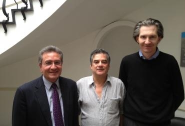 De izq a der: Carlos Osorio, gerente Técnico de Fedegán, Enrique Murgueitio, director ejecutivo de Cipav y Juan Lucas Restrepo, director ejecutivo de Corpoica. Foto: CONtexto. Fedegan y Corpoica.jpg