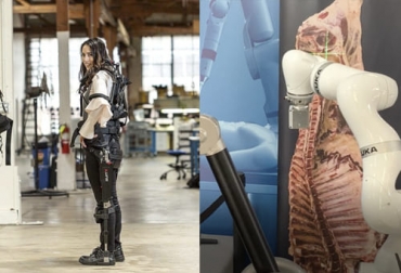 En la parte izquierda se pueden observar los exoesqueletos robóticos, que ayudan a realizar ciertas tareas que las personas no podrían por sí solas, como levantar objetos pesados; en la derecha, se muestran los robots de control remoto que replican los movimientos de su operador. Foto: beefcentral.com - newshub.co.nz Tecnologías industria ganadera, exoesqueletos, robots remotos, robots sombra, tecnología industria cárnica, tecnología industria vacuna, tecnología, procesamiento de carne, impresión 3D, futuro de la industria cárnica, ganado bovino, ganadería bovina, carne, leche, ganaderos, ganaderos colombia, ganado, vacas, vacas Colombia, bovinos, Ganadería, ganadería colombia, noticias ganaderas, noticias ganaderas colombia, CONtexto ganadero, contextoganadero