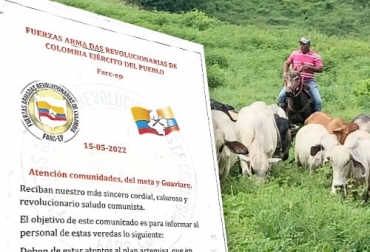"Queda prohibido entrar parques coormacarena, LA SDA (SIC), es decir, todo lo que tenga que ver con el supuesto cuido del medio ambiente, eso es una falacia del Estado opresor, ninguna comunidad se prestará para darle el aval de entrada. Quien encontremos de estas corporaciones en el casco rural o sitios poblados haremos ejercer el verdadero control, de las FARC-EP.", dice el comunicado.Foto: @natesguerra ganadería, parques naturales y Farc-ep